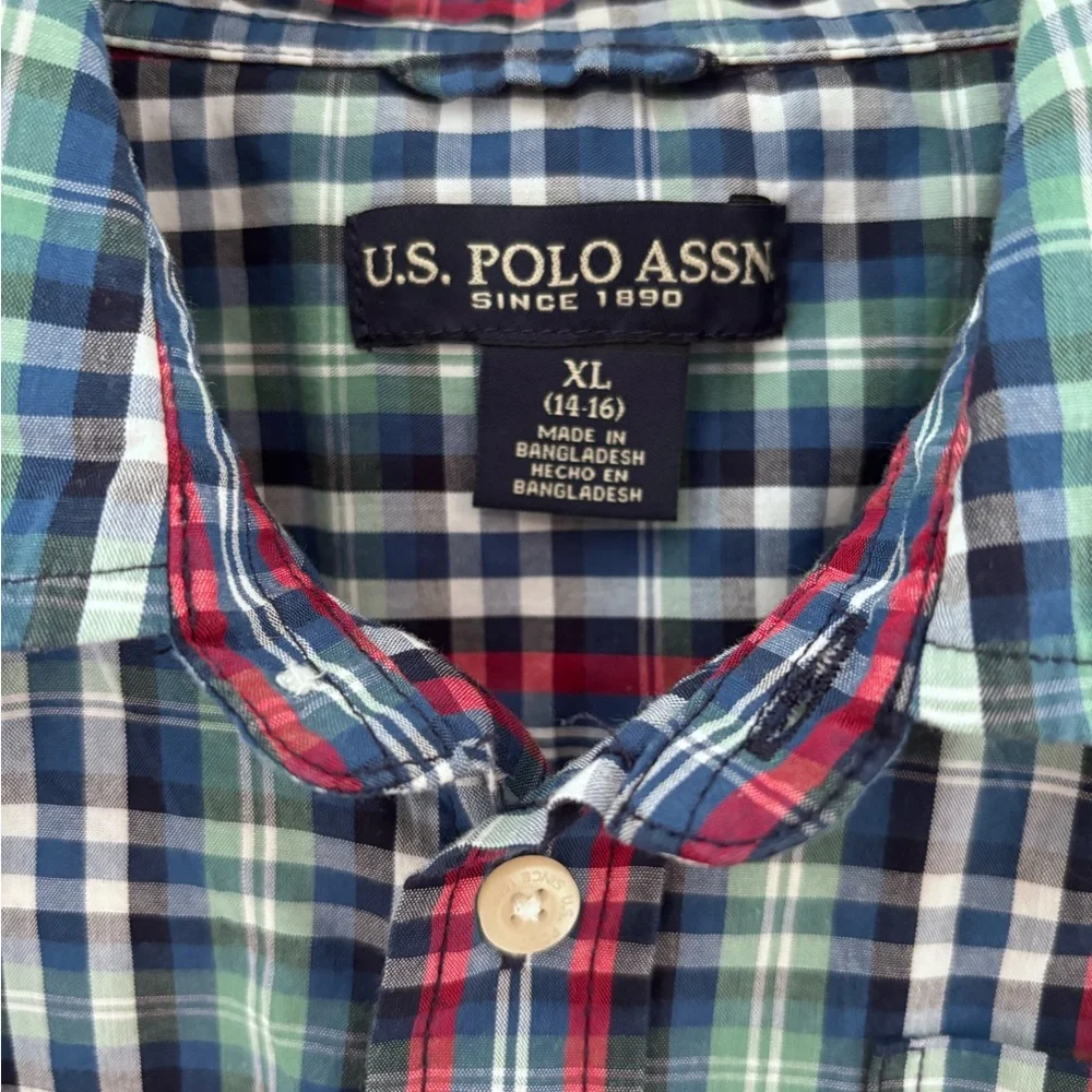 U.S. Polo Assn Boys Button Down Blue/Red Plaid Shirt XL